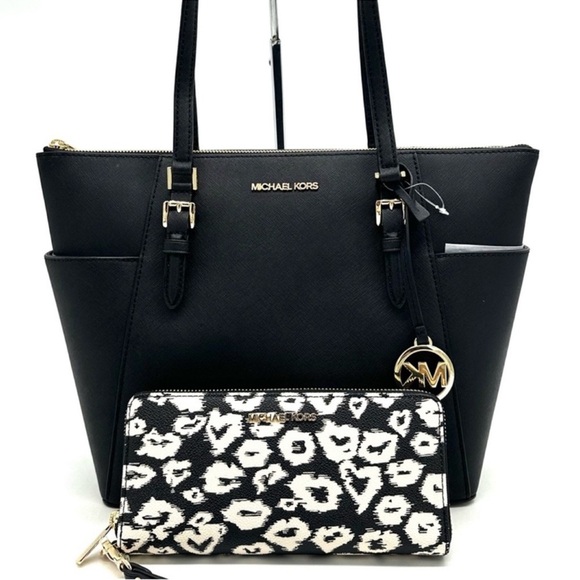 Michael Kors Large Charlotte Tote Bag & Large Continental Wallet Wristlet Black - Picture 2 of 15